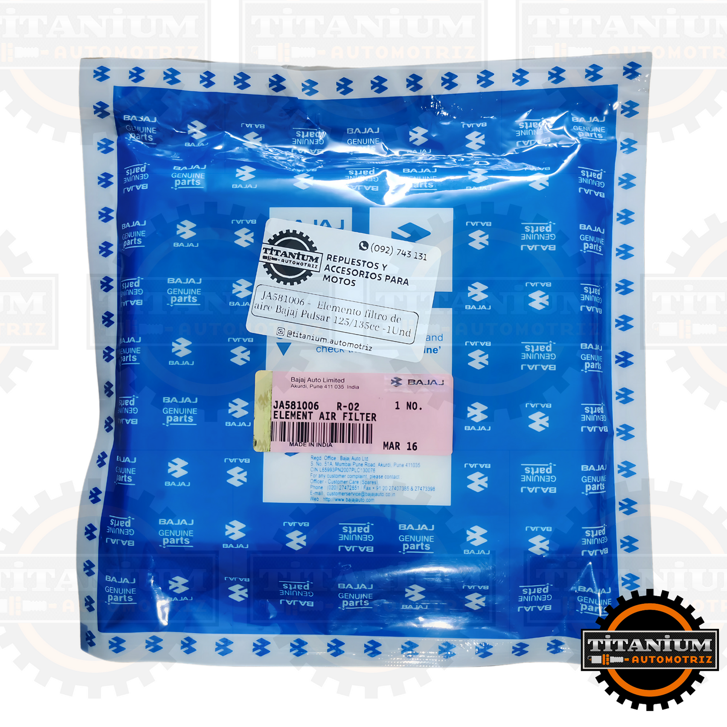 Filtro de aire original Bajaj para Pulsar 125/135, protegiendo el motor con filtración de alto nivel y mejorando el rendimiento
