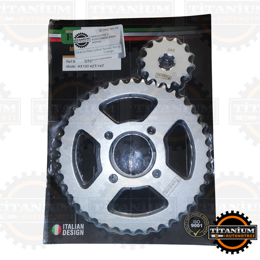 Juego de transmisión Forgini para Suzuki AX100, incluye plato de 42 dientes y piñón de 14 dientes. Alta resistencia, certificación ISO 9001 y ajuste preciso
