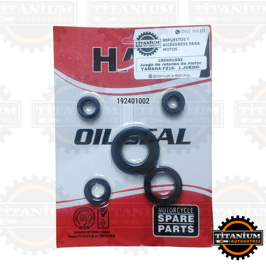 Juego de retenes de motor HAO para Yamaha FZ16, incluye retenes de cigüeñal, válvulas y salida de caja. Alta resistencia, certificación ISO 9001 y ajuste preciso