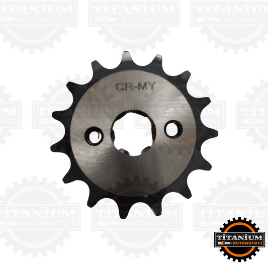 Piñón 15T Cromo-Moly NM Racing para motos 110cc, resistente al desgaste, ideal para mayor velocidad y durabilidad. Compatible con Zanella, Yumbo y más